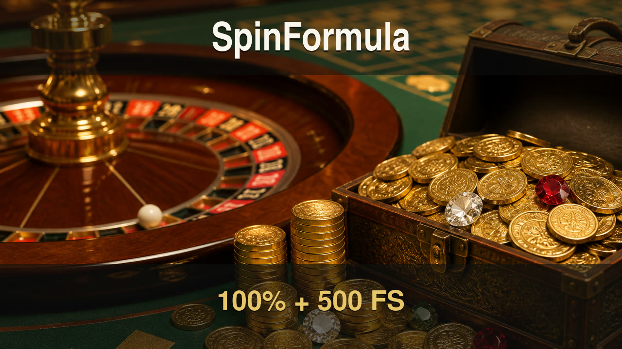 SpinFormula — roulette table, coins and treasure, 100% + 500 FS